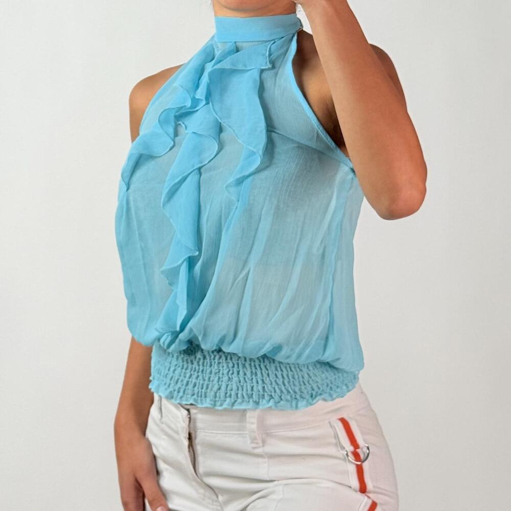Blue Sheer Ruffled Top S - Picture 2 of 5